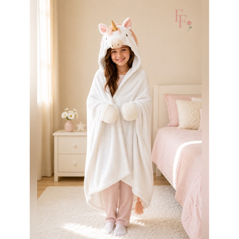 Pillowfort Unicorn Hooded Blanket White Plush Wearable Throw Kids 40x50